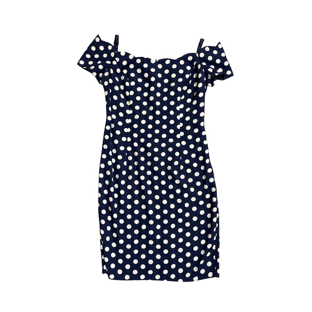 Roberta Vintage Polka Dot Scalloped Neckline Cold Shoulder Dress Navy 10/12